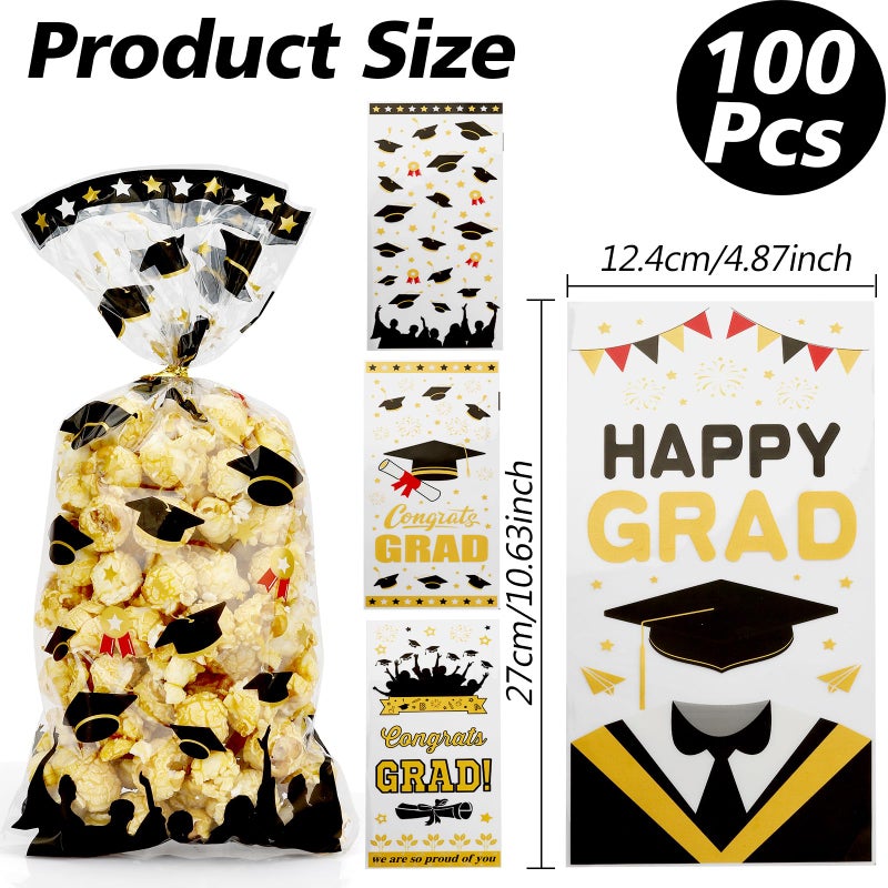 Leislam Graduation Treat Bags  Graduation Cellophane Treat Bags  100 PCS Graduation Gift Bags  Graduation Cello Candy Cookie Bags with 100 Pcs Gold Ties for Graduation Party Favors Supplies  4 Styles - Image 2